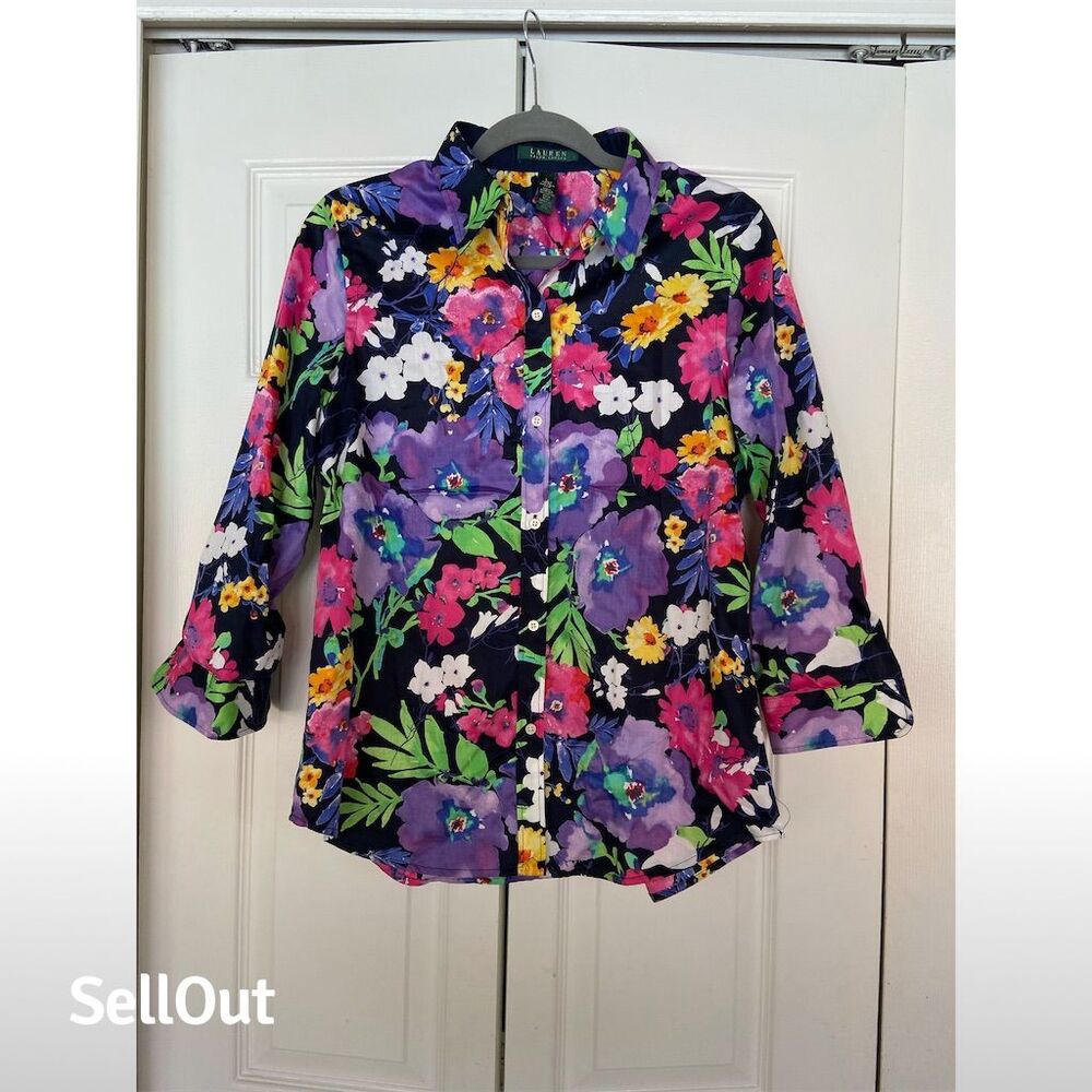 Lauren Ralph Lauren Women's Floral Button-Up Blouse Size Standard L Multicolor - Picture 1 of 3